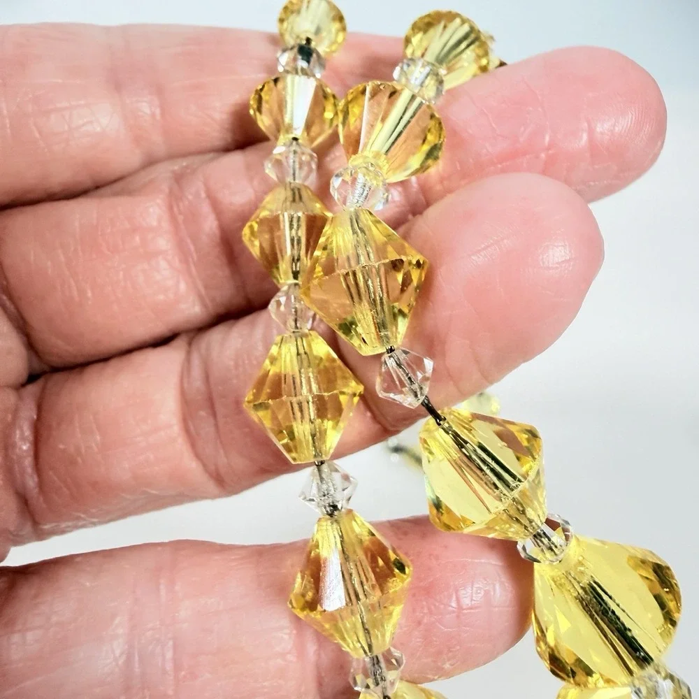 Vintage Faceted Glass Necklace Yellow Bicone Beads Clear Crystal Spacers 16